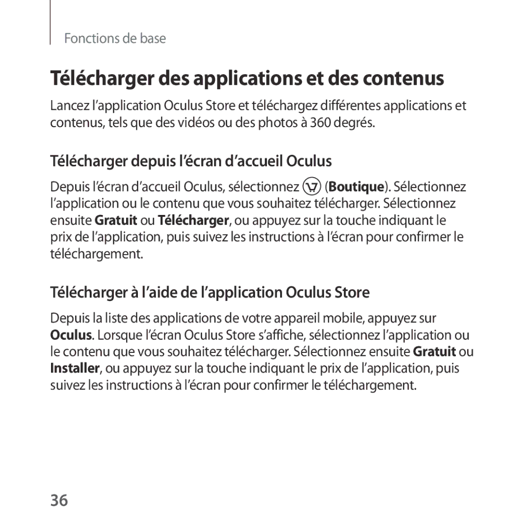 Samsung SM-R323NBKAXEF manual Télécharger des applications et des contenus, Télécharger depuis l’écran d’accueil Oculus 