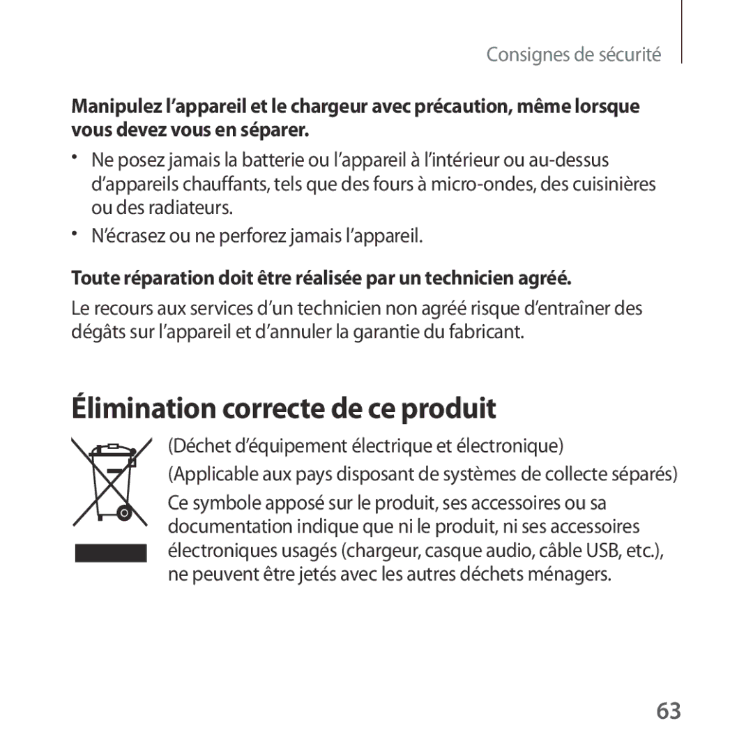 Samsung SM-R323NBKAXEF Élimination correcte de ce produit, Toute réparation doit être réalisée par un technicien agréé 