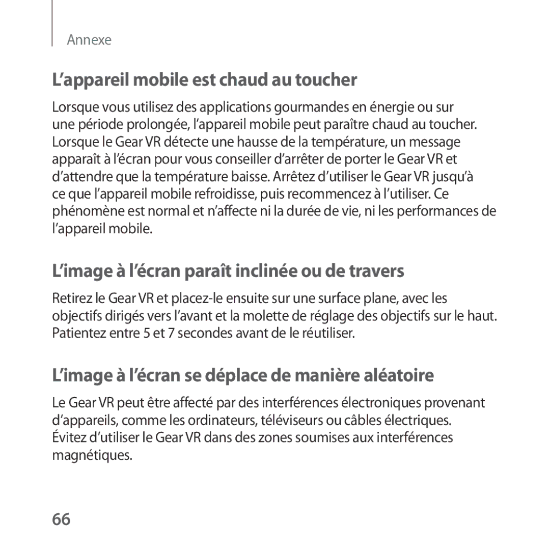 Samsung SM-R323NBKAXEF manual ’appareil mobile est chaud au toucher, ’image à l’écran paraît inclinée ou de travers 