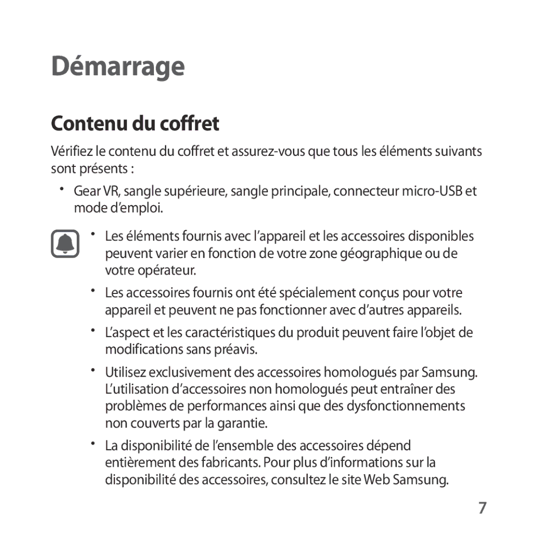 Samsung SM-R323NBKAXEF manual Démarrage, Contenu du coffret 