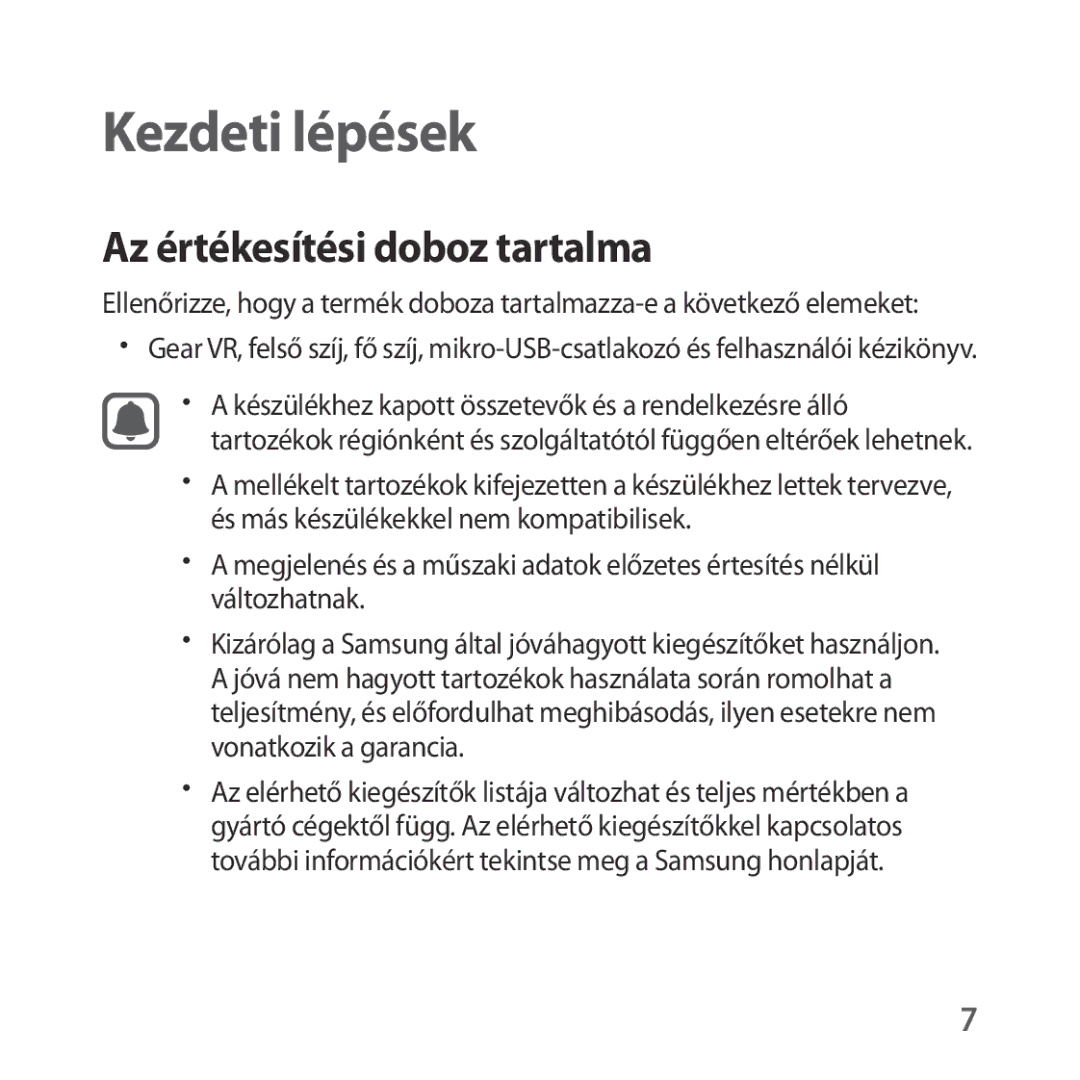 Samsung SM-R323NBKAXEH manual Kezdeti lépések, Az értékesítési doboz tartalma 