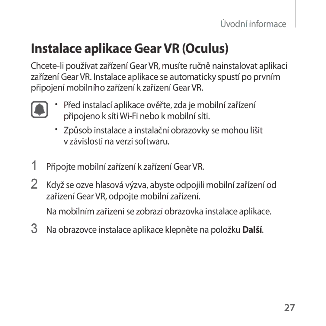 Samsung SM-R323NBKAXEZ manual Instalace aplikace Gear VR Oculus 