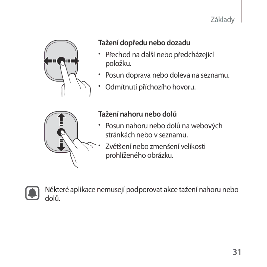 Samsung SM-R323NBKAXEZ manual Tažení dopředu nebo dozadu, Tažení nahoru nebo dolů 