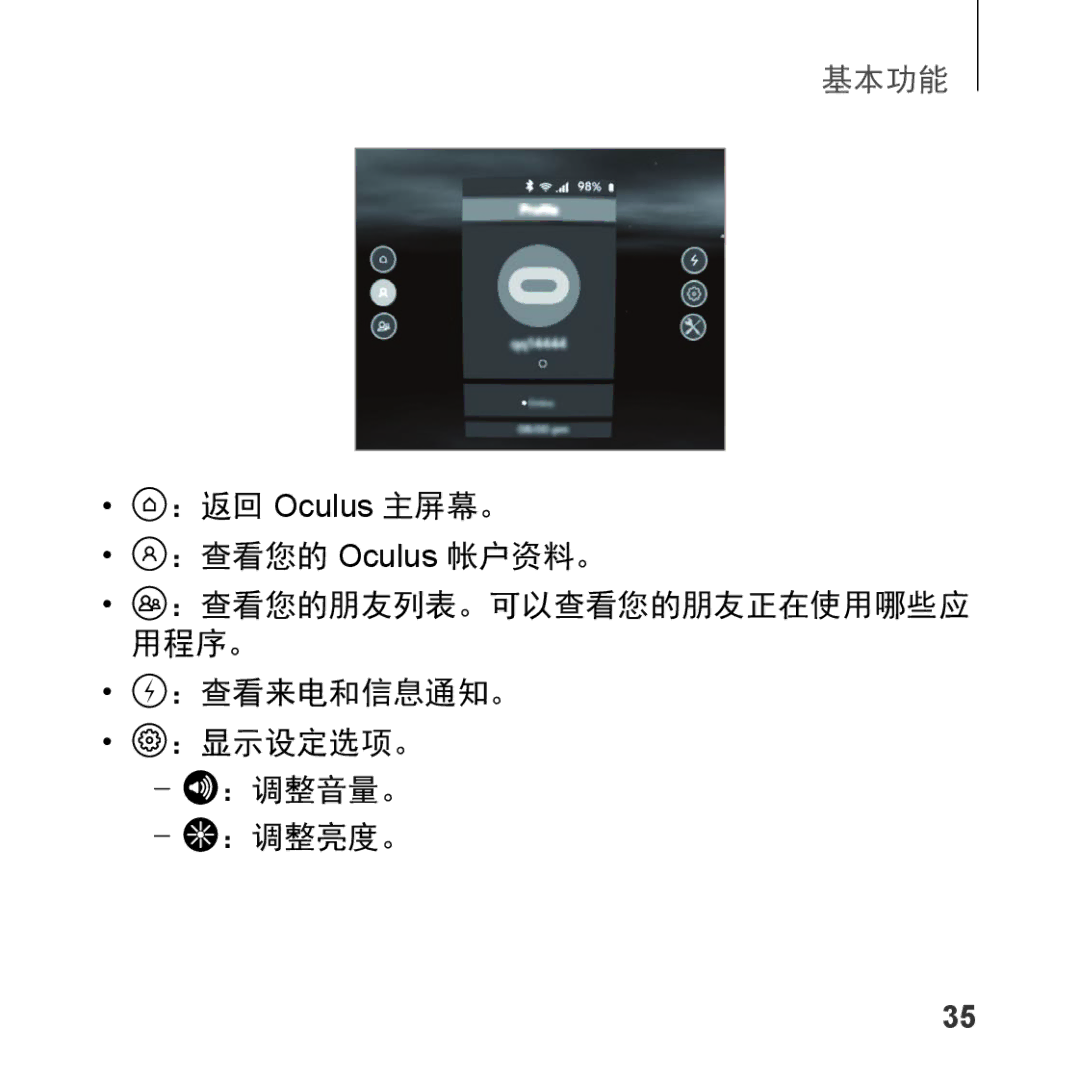 Samsung SM-R323NBKAXXV manual ：返回 Oculus 主屏幕。 ：查看您的 Oculus 帐户资料。, ：查看来电和信息通知。 ：显示设定选项。 ：调整音量。 ：调整亮度。 