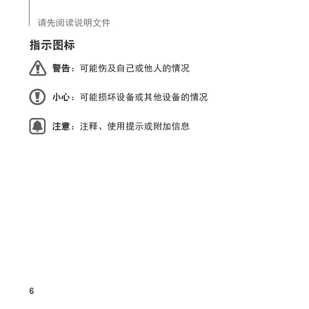 Samsung SM-R323NBKAXXV manual 警告：可能伤及自己或他人的情况 小心：可能损坏设备或其他设备的情况 注意：注释、使用提示或附加信息 