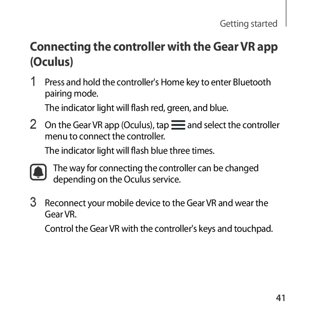 Samsung SM-R324NZAAXEH, SM-R324NZAADBT, SM-R324NZAAXEF, SM-R324NZAAITV Connecting the controller with the Gear VR app Oculus 