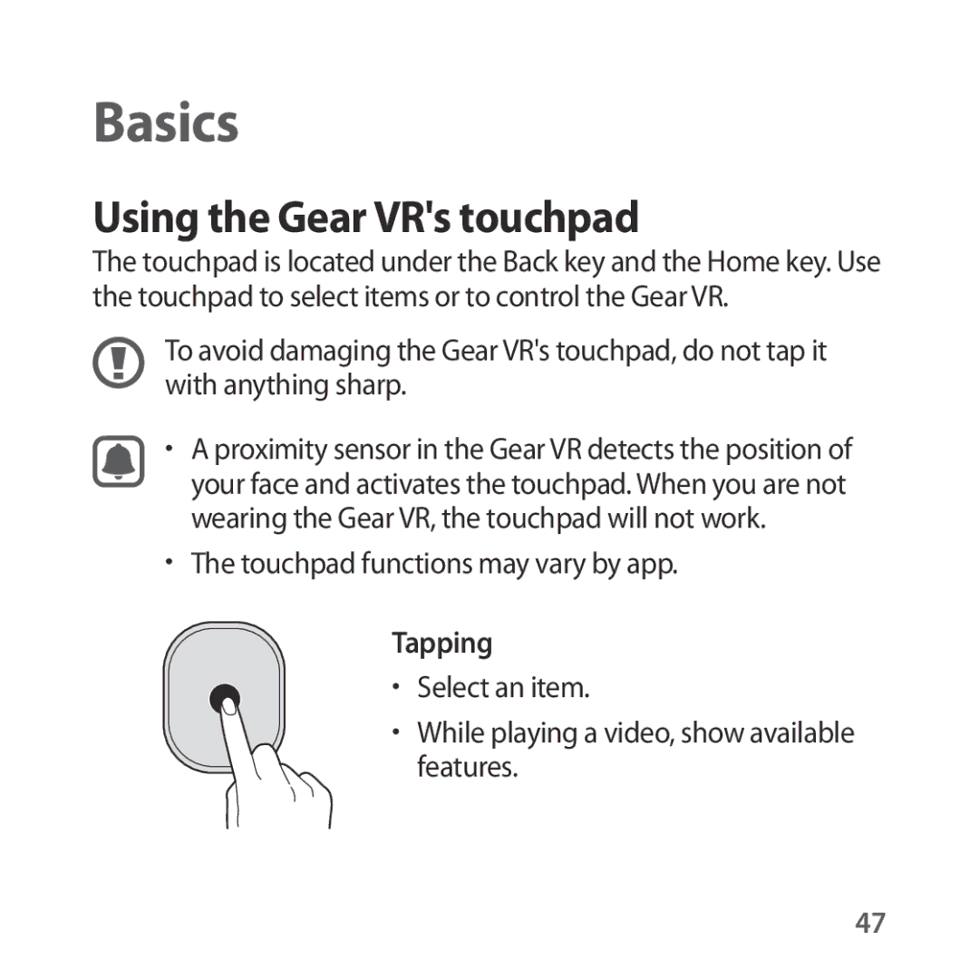 Samsung SM-R324NZAABGL, SM-R324NZAADBT, SM-R324NZAAXEF manual Using the Gear VRs touchpad, Touchpad functions may vary by app 