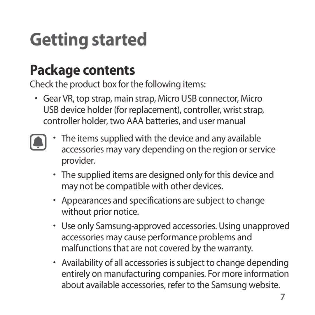 Samsung SM-R324NZAAEUR, SM-R324NZAADBT, SM-R324NZAAXEF, SM-R324NZAAITV, SM-R324NZAAPHE manual Getting started, Package contents 