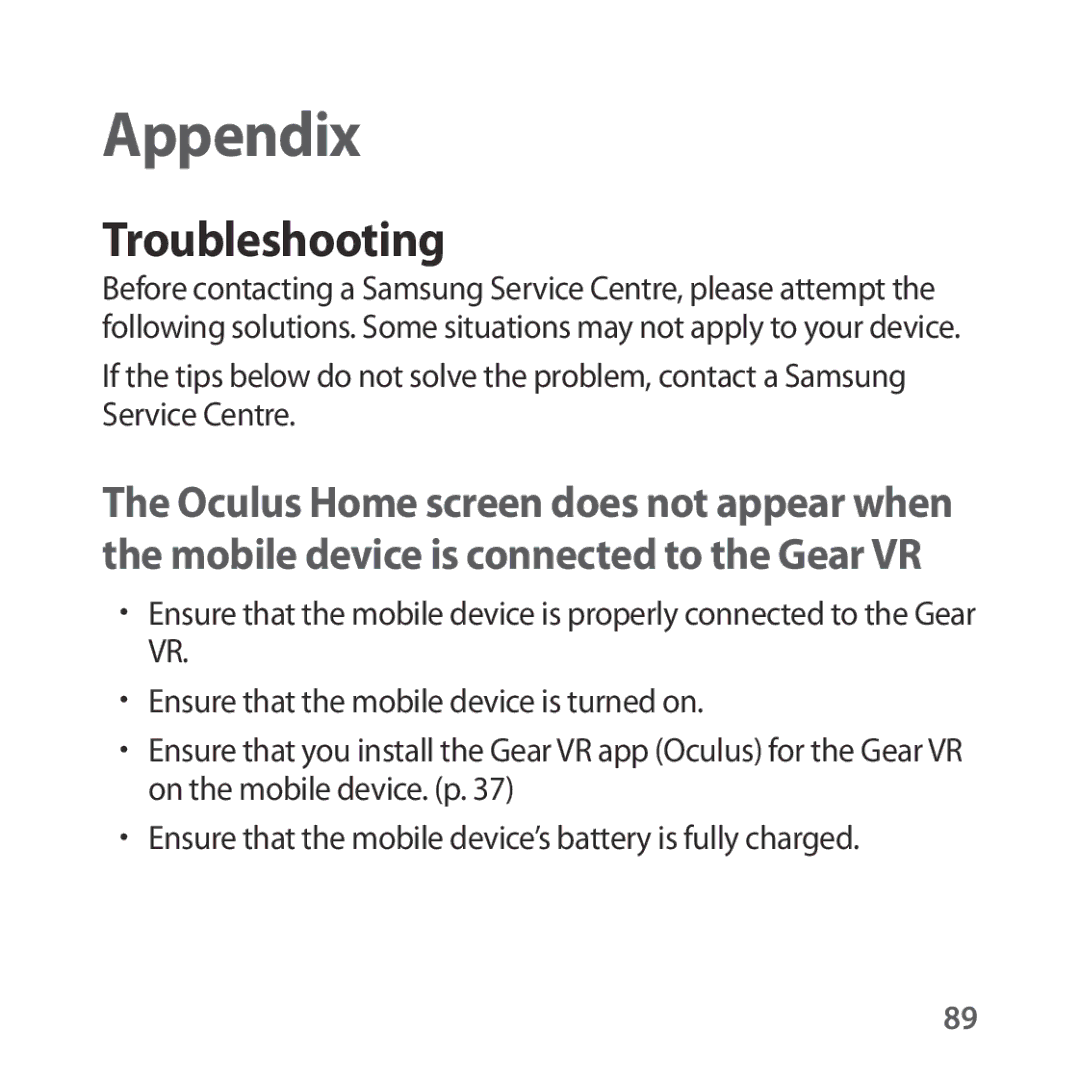 Samsung SM-R324NZAAITV, SM-R324NZAADBT, SM-R324NZAAXEF, SM-R324NZAAPHE, SM-R324NZAABGL manual Appendix, Troubleshooting 