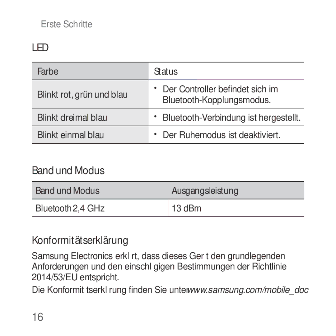 Samsung SM-R324NZAADBT manual Blinkt einmal blau Der Ruhemodus ist deaktiviert 