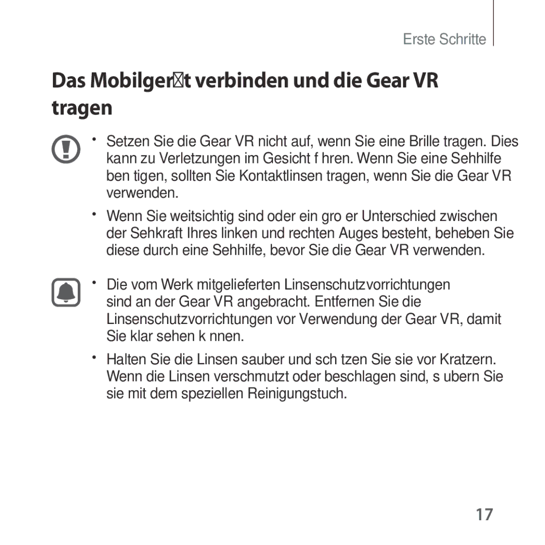 Samsung SM-R324NZAADBT manual Das Mobilgerät verbinden und die Gear VR tragen 