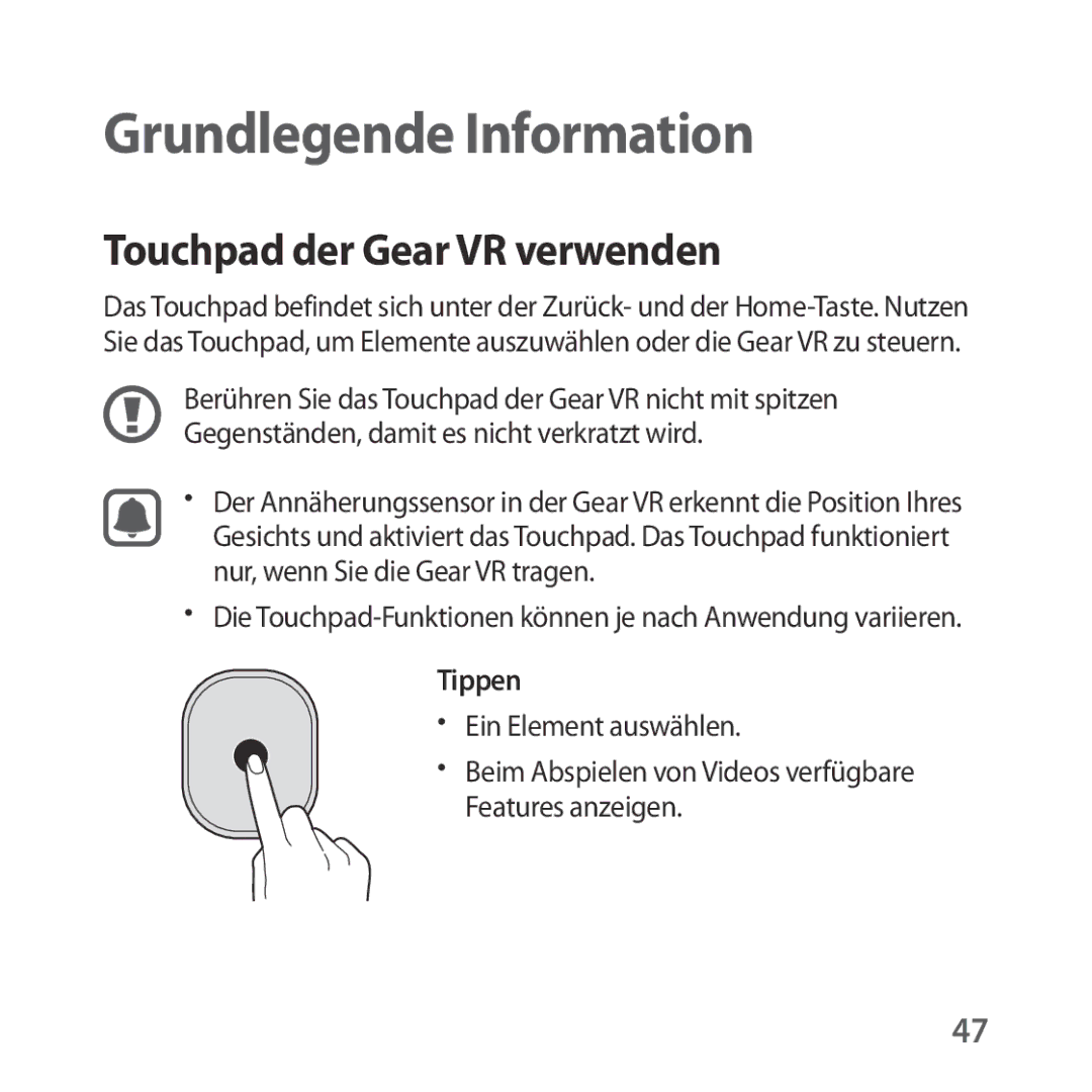 Samsung SM-R324NZAADBT manual Touchpad der Gear VR verwenden, Tippen 