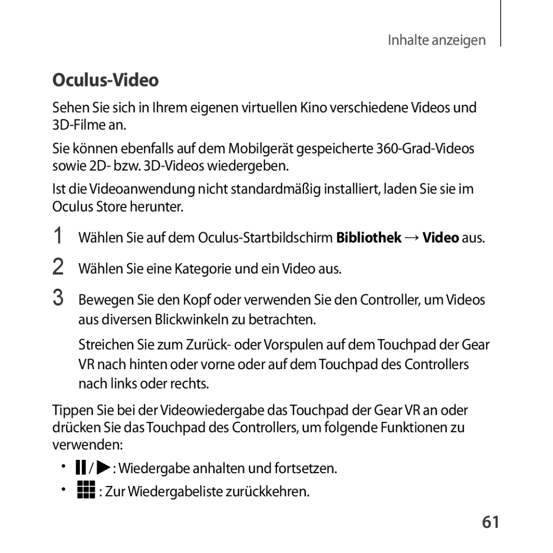 Samsung SM-R324NZAADBT manual Oculus-Video, Wählen Sie eine Kategorie und ein Video aus 