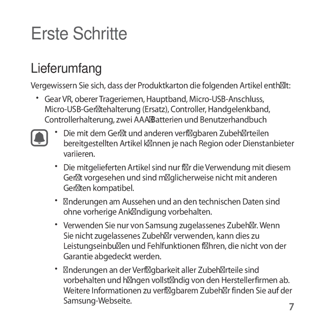 Samsung SM-R324NZAADBT manual Lieferumfang, Samsung-Webseite.7 