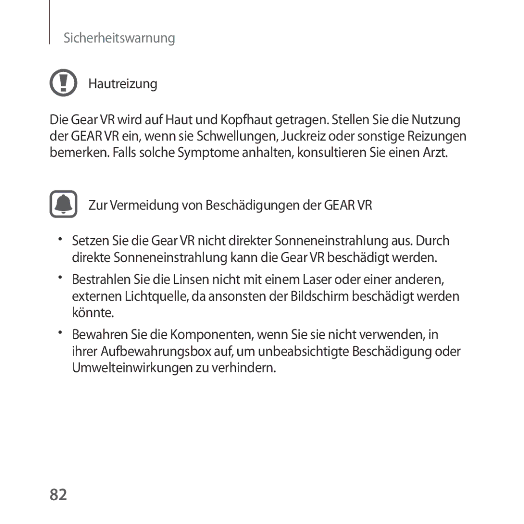 Samsung SM-R324NZAADBT manual Hautreizung, Zur Vermeidung von Beschädigungen der Gear VR 