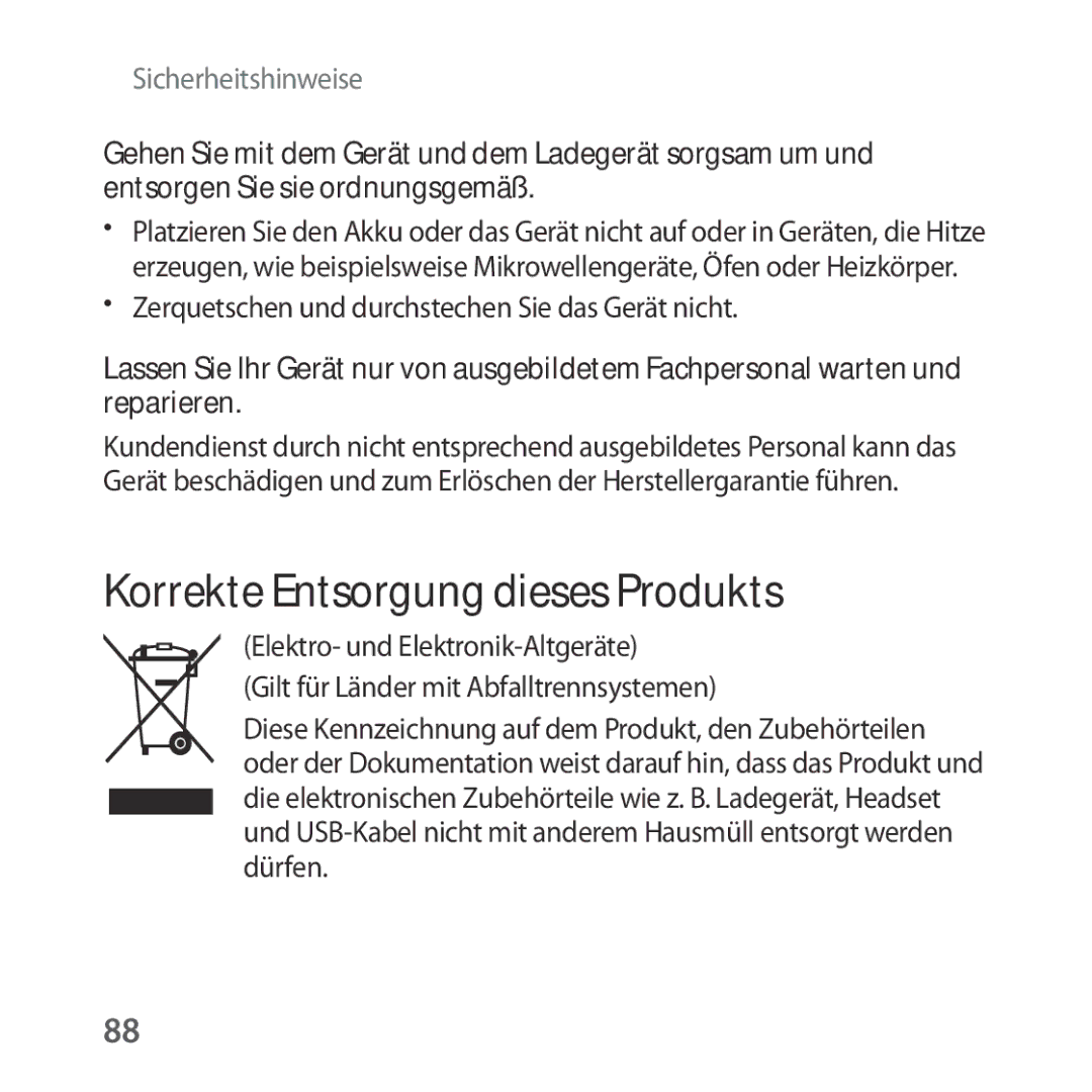 Samsung SM-R324NZAADBT manual Korrekte Entsorgung dieses Produkts, Zerquetschen und durchstechen Sie das Gerät nicht 