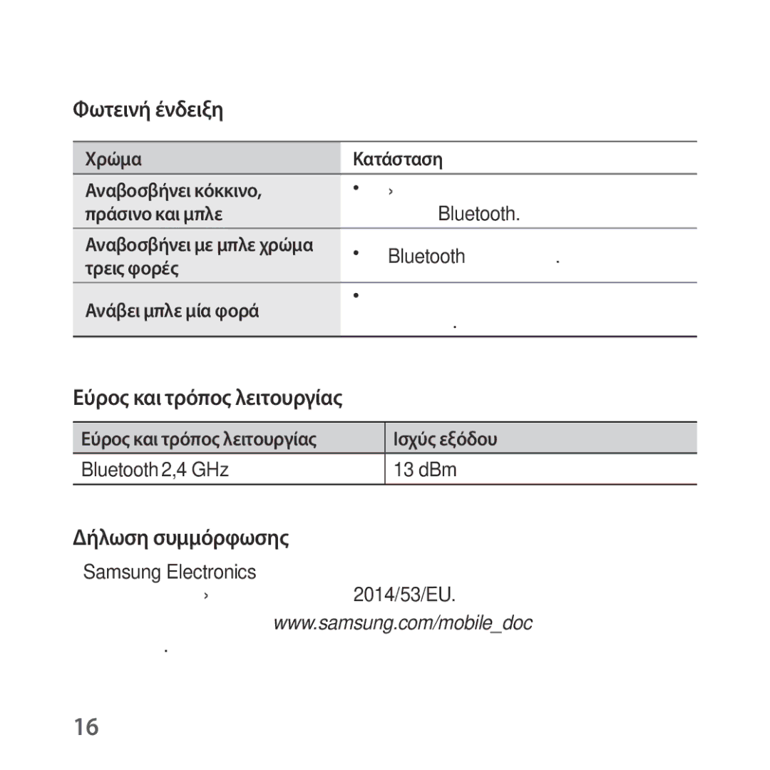 Samsung SM-R324NZAAEUR manual Χρώμα Κατάσταση Αναβοσβήνει κόκκινο, Πράσινο και μπλε Σύζευξης του Bluetooth, Ισχύς εξόδου 