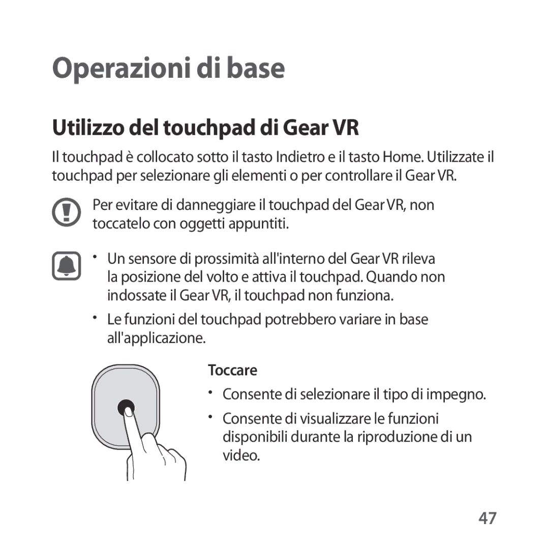 Samsung SM-R324NZAAITV manual Utilizzo del touchpad di Gear VR, Toccare 