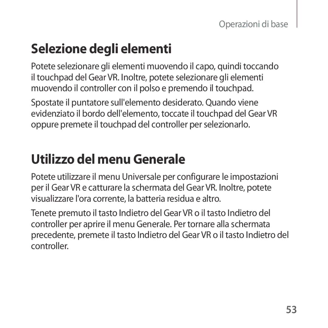 Samsung SM-R324NZAAITV manual Selezione degli elementi, Utilizzo del menu Generale 