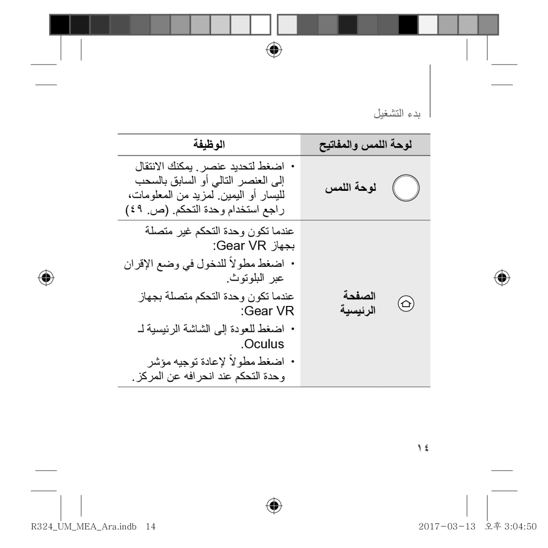 Samsung SM-R324NZAAKSA manual ﺯﺎﻬﺟﺑ ﺔﻠﺻﺗﻣ ﻡﻛﺣﺗﻟﺍ ﺓﺩﺣﻭ ﻥﻭﻛﺗ ﺎﻣﺩﻧﻋ Gear VR 