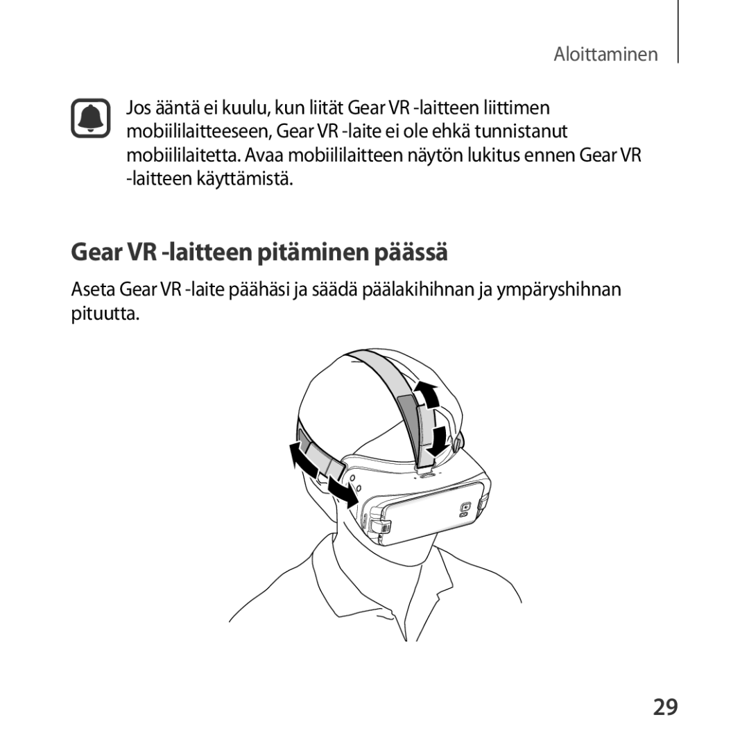 Samsung SM-R324NZAANEE manual Gear VR -laitteen pitäminen päässä 