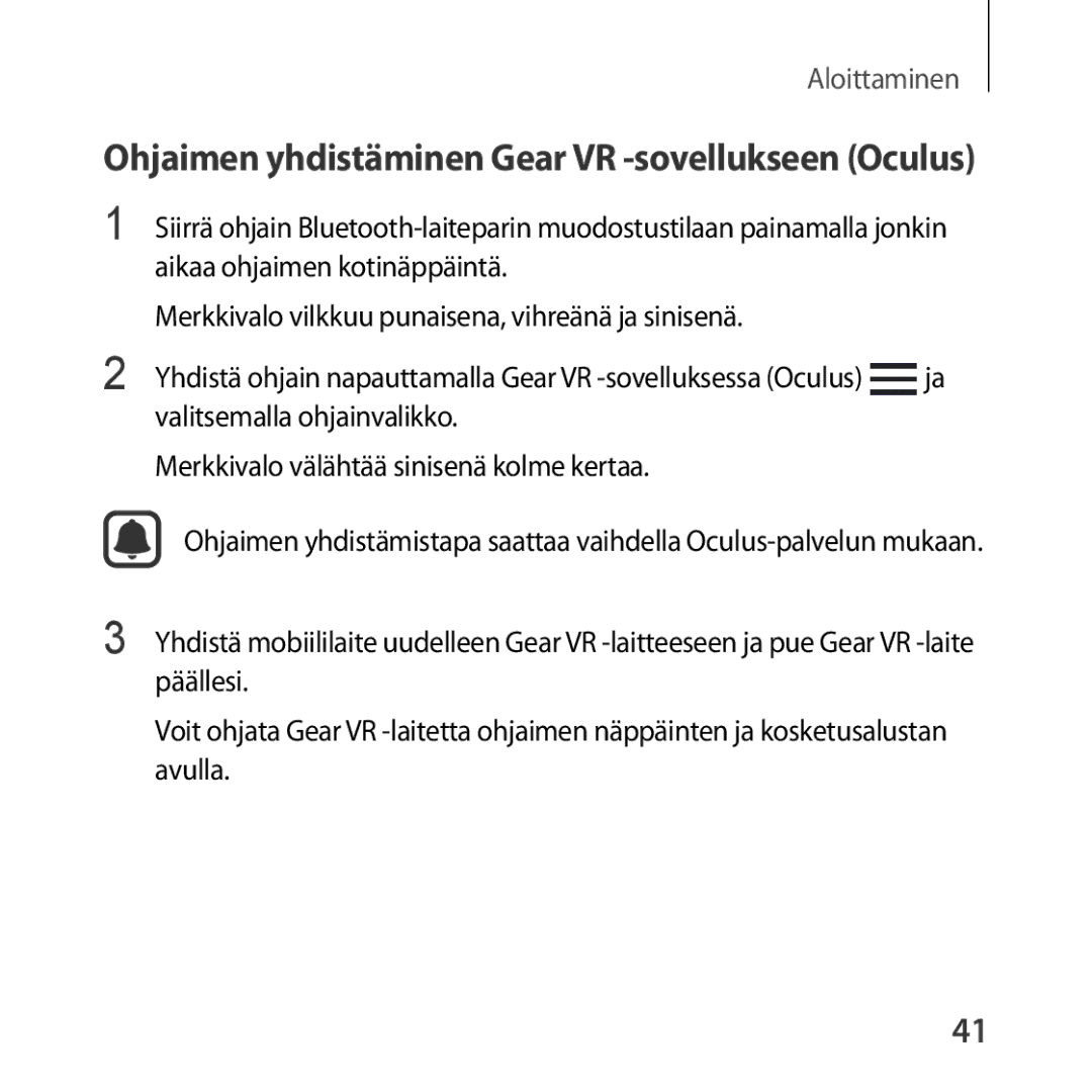 Samsung SM-R324NZAANEE manual Ohjaimen yhdistäminen Gear VR -sovellukseen Oculus 