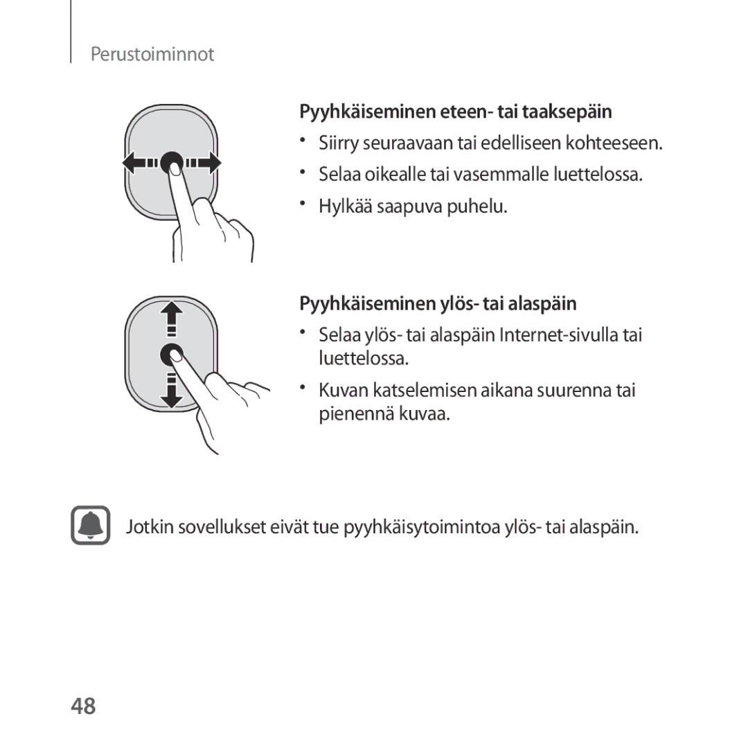 Samsung SM-R324NZAANEE manual Pyyhkäiseminen eteen- tai taaksepäin, Pyyhkäiseminen ylös- tai alaspäin, Luettelossa 