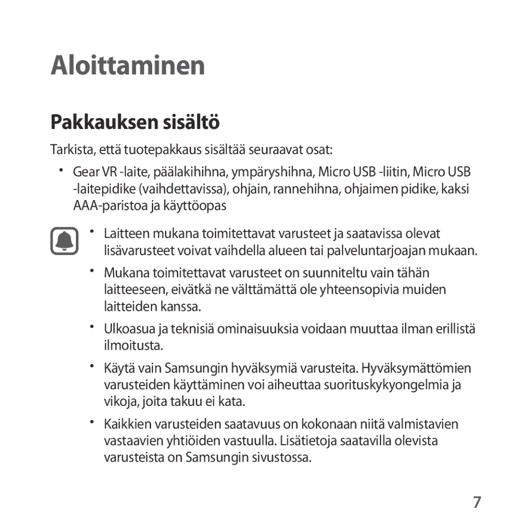 Samsung SM-R324NZAANEE manual Pakkauksen sisältö, Tarkista, että tuotepakkaus sisältää seuraavat osat 