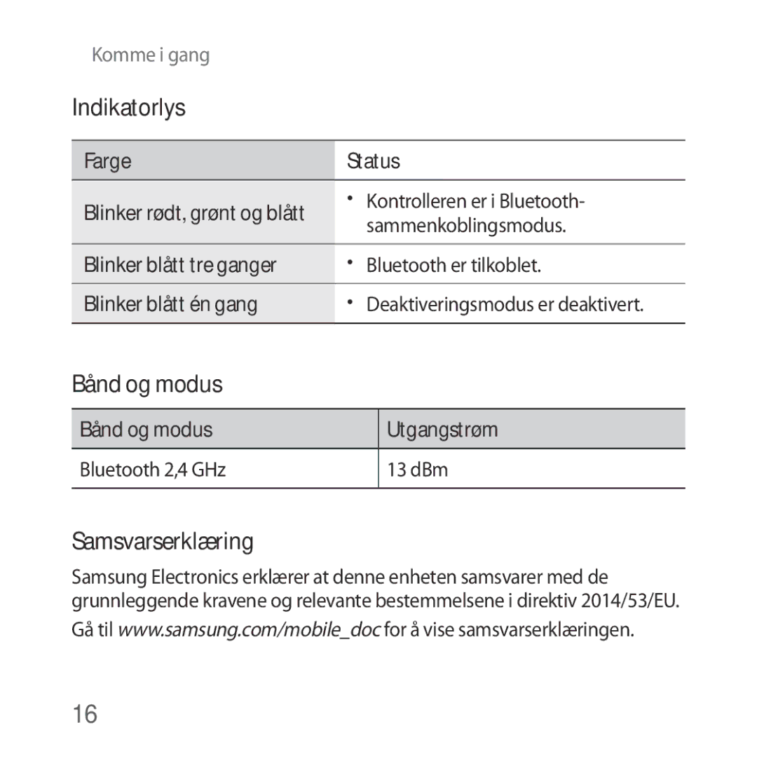 Samsung SM-R324NZAANEE manual Farge Status, Kontrolleren er i Bluetooth, Sammenkoblingsmodus 