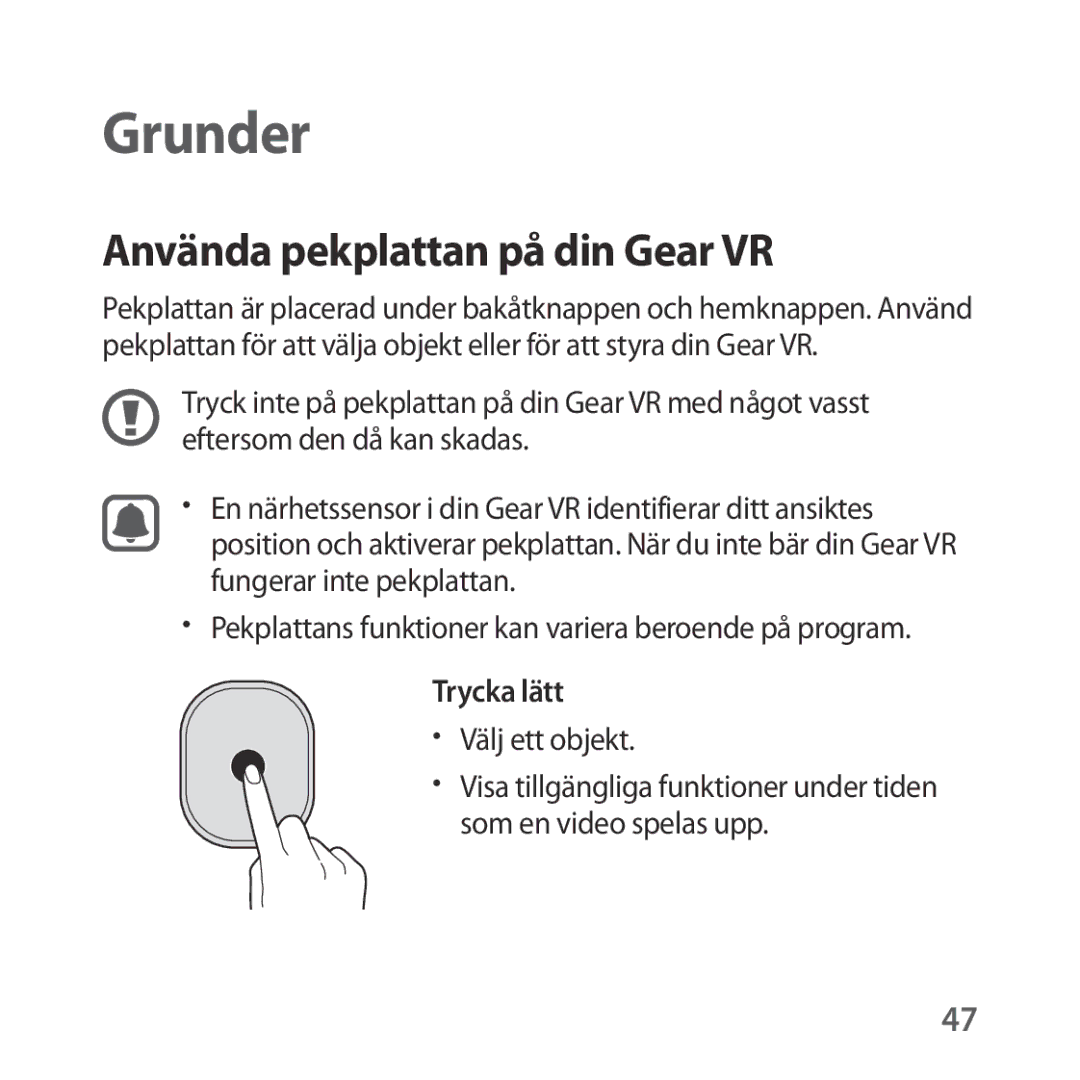 Samsung SM-R324NZAANEE manual Använda pekplattan på din Gear VR, Trycka lätt 