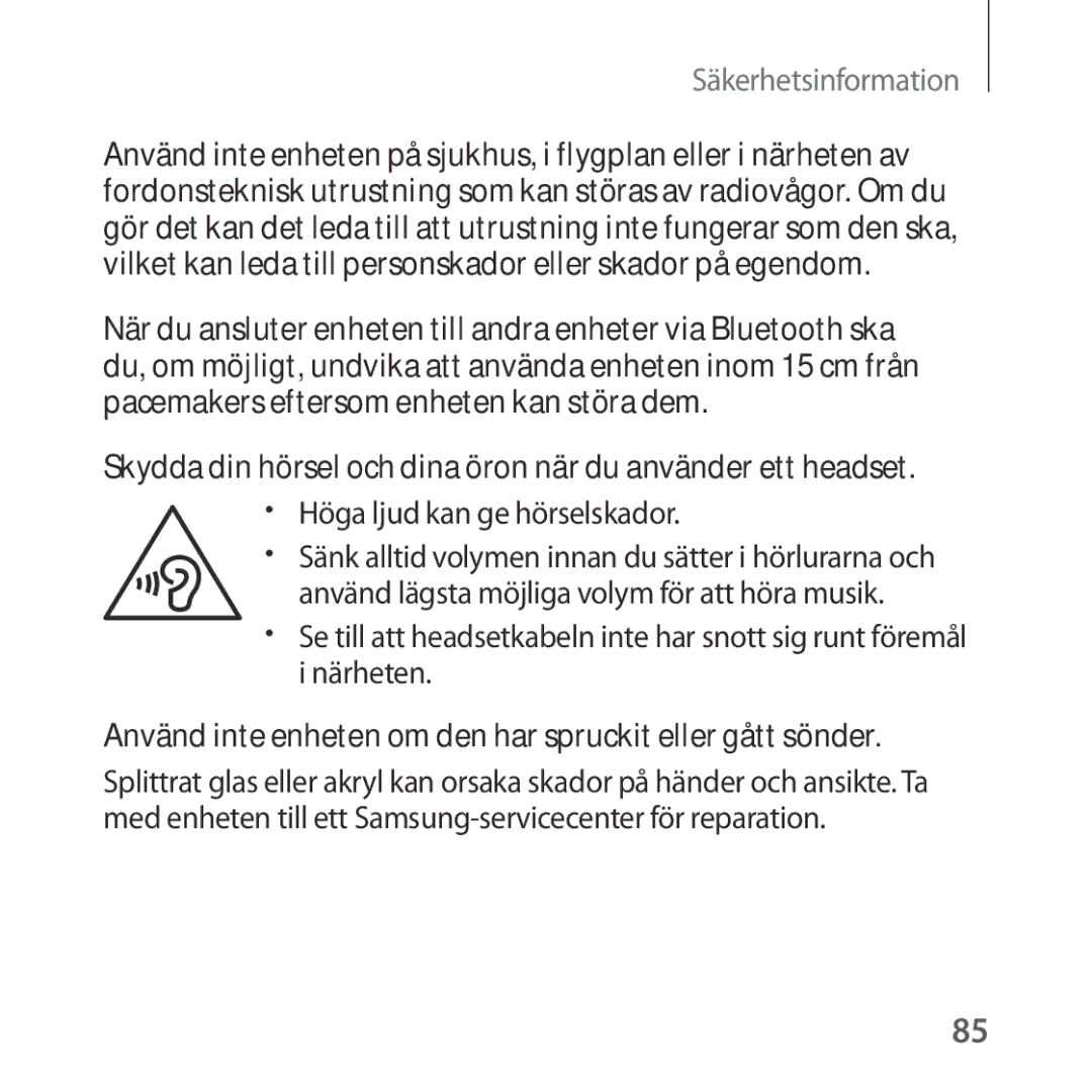 Samsung SM-R324NZAANEE manual Skydda din hörsel och dina öron när du använder ett headset 