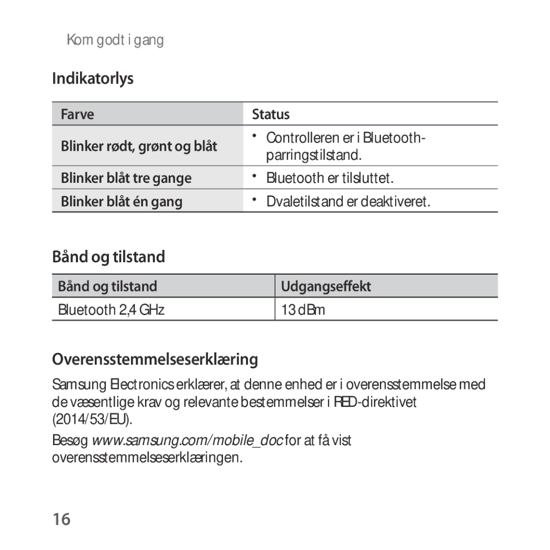 Samsung SM-R324NZAANEE manual Farve Status, Controlleren er i Bluetooth, Parringstilstand 