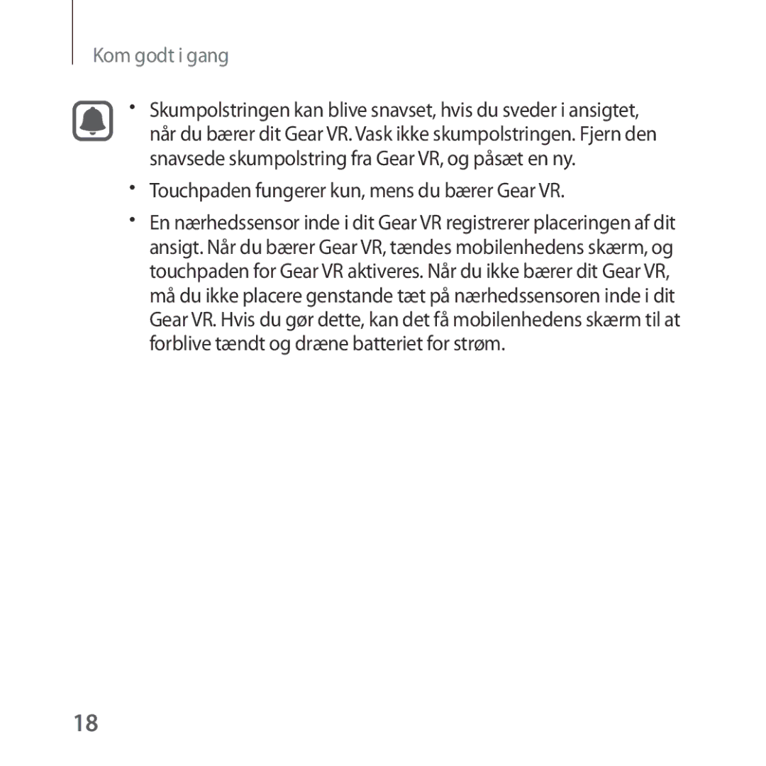 Samsung SM-R324NZAANEE manual Touchpaden fungerer kun, mens du bærer Gear VR 