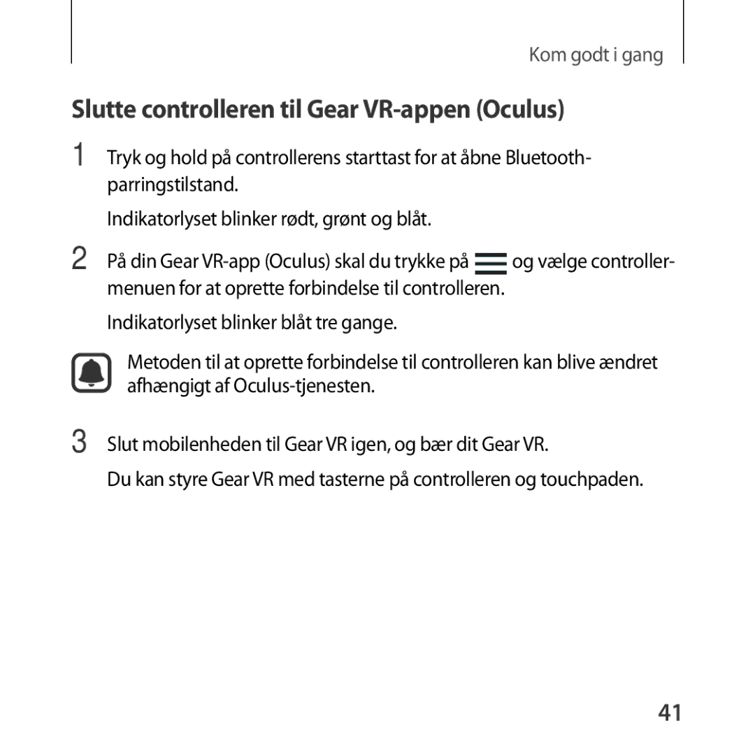 Samsung SM-R324NZAANEE manual Slutte controlleren til Gear VR-appen Oculus 