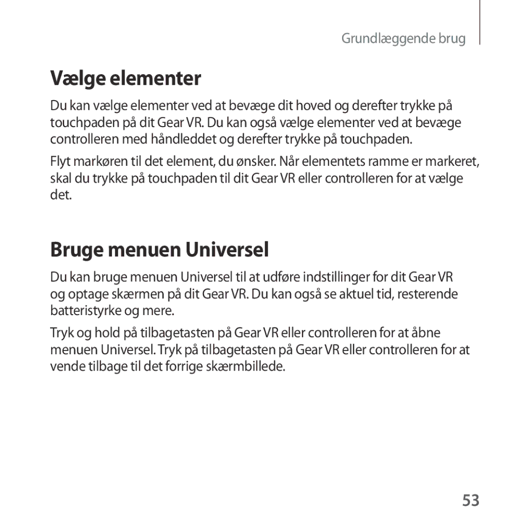 Samsung SM-R324NZAANEE manual Vælge elementer, Bruge menuen Universel 