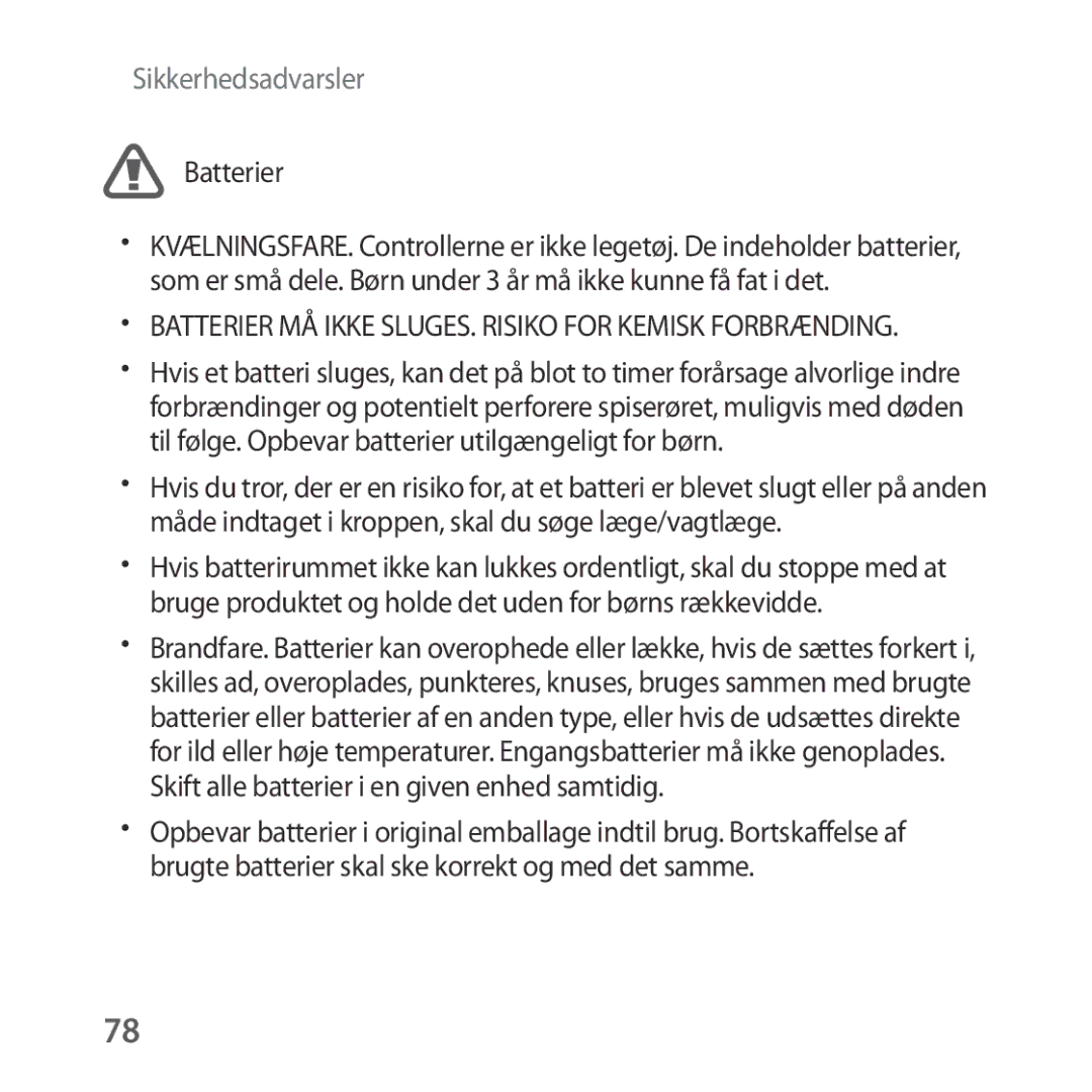 Samsung SM-R324NZAANEE manual Batterier MÅ Ikke SLUGES. Risiko for Kemisk Forbrænding 