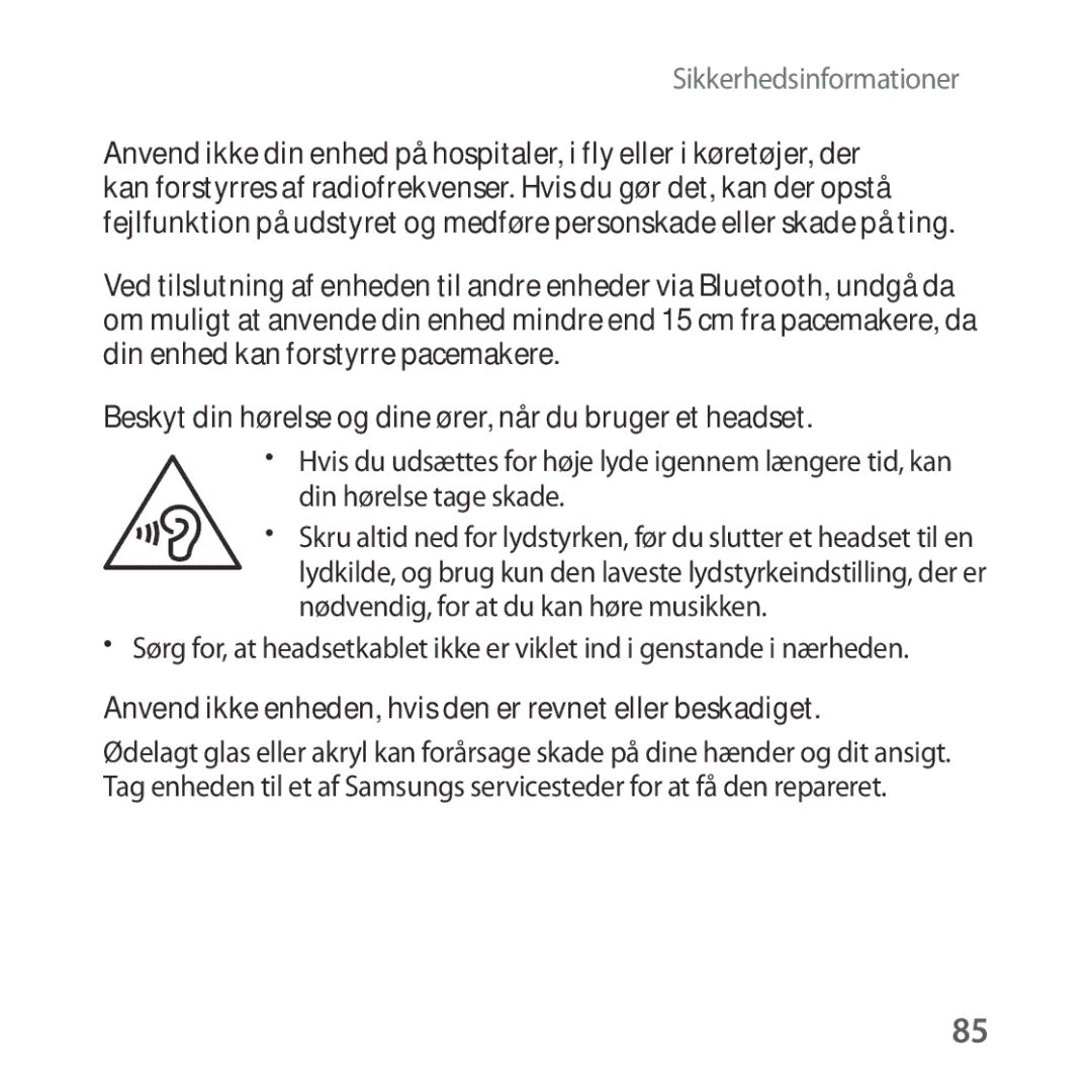 Samsung SM-R324NZAANEE manual Beskyt din hørelse og dine ører, når du bruger et headset 