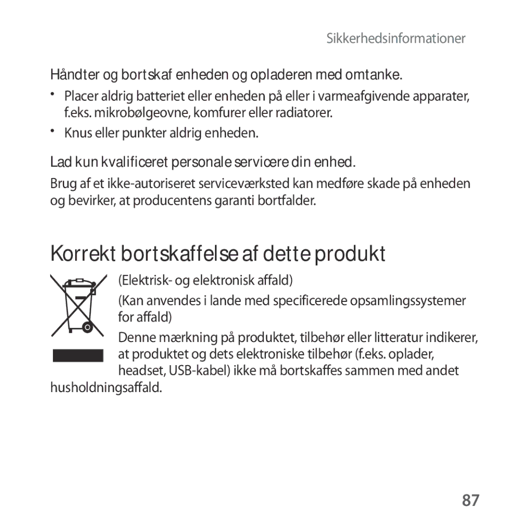 Samsung SM-R324NZAANEE manual Korrekt bortskaffelse af dette produkt, Håndter og bortskaf enheden og opladeren med omtanke 