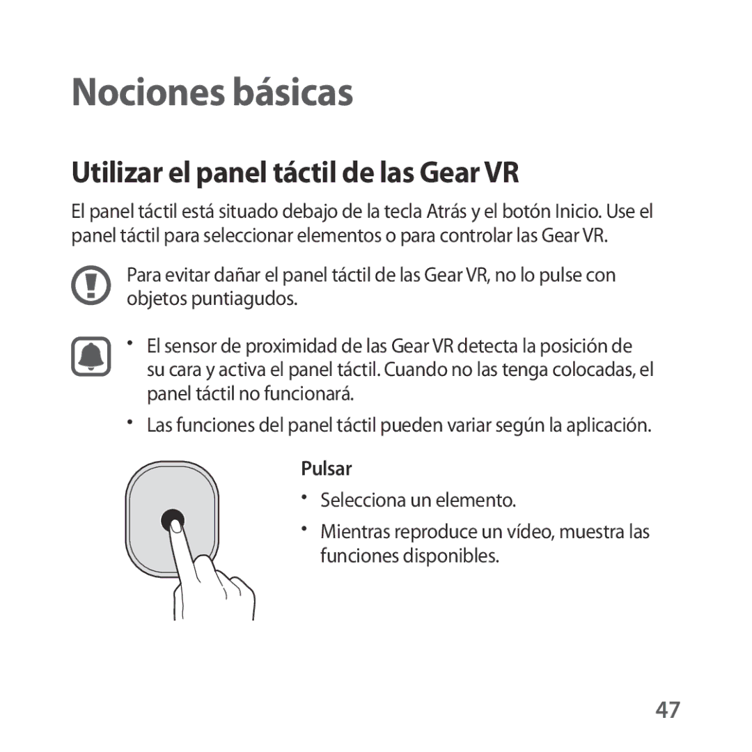 Samsung SM-R324NZAAPHE manual Utilizar el panel táctil de las Gear VR, Pulsar 