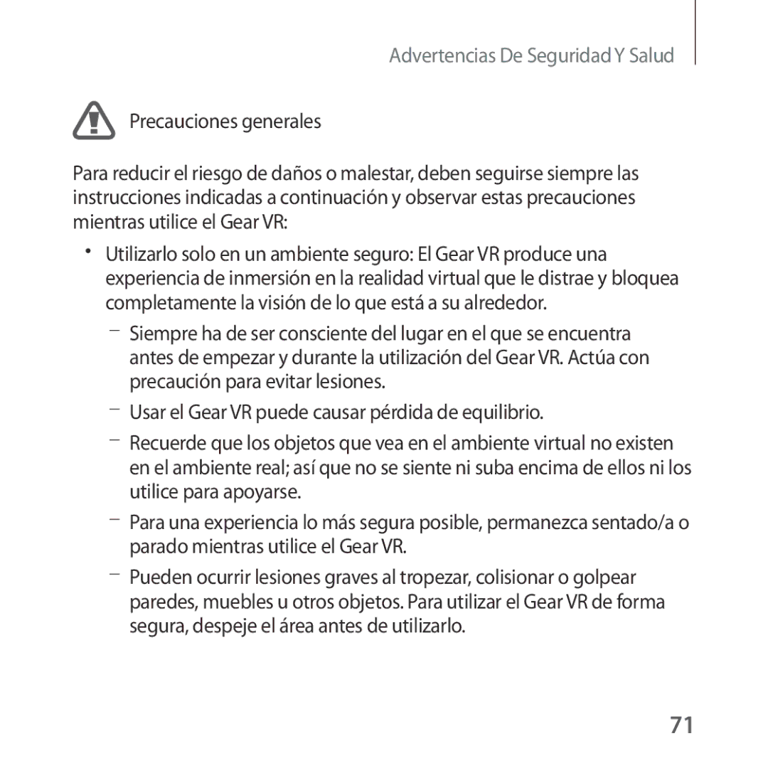 Samsung SM-R324NZAAPHE manual Precauciones generales, Usar el Gear VR puede causar pérdida de equilibrio 