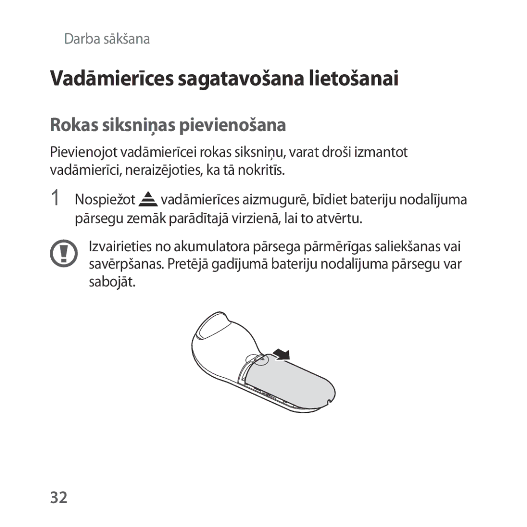 Samsung SM-R324NZAASEB manual Vadāmierīces sagatavošana lietošanai, Rokas siksniņas pievienošana 