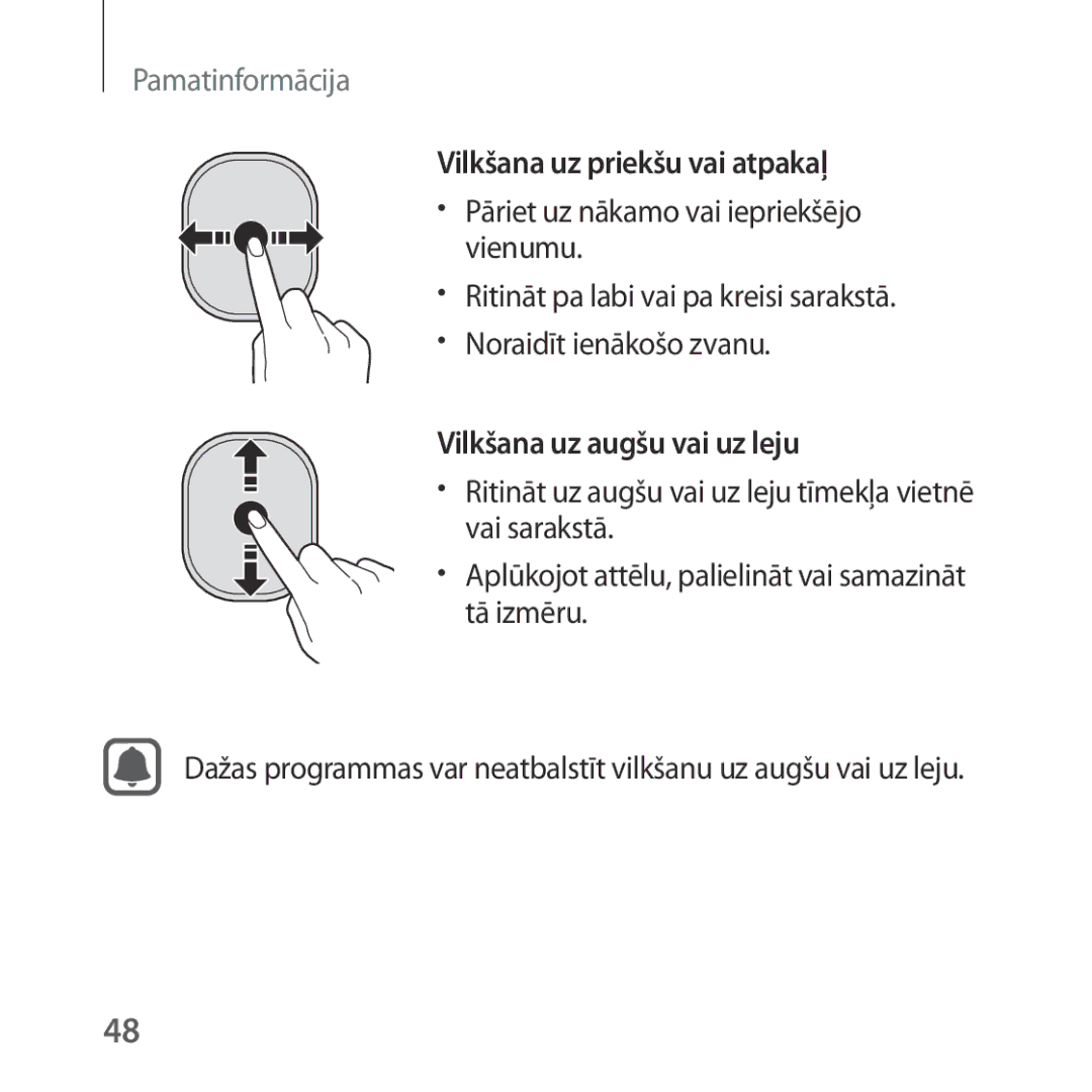 Samsung SM-R324NZAASEB manual Vilkšana uz priekšu vai atpakaļ, Vilkšana uz augšu vai uz leju, Vai sarakstā, Tā izmēru 