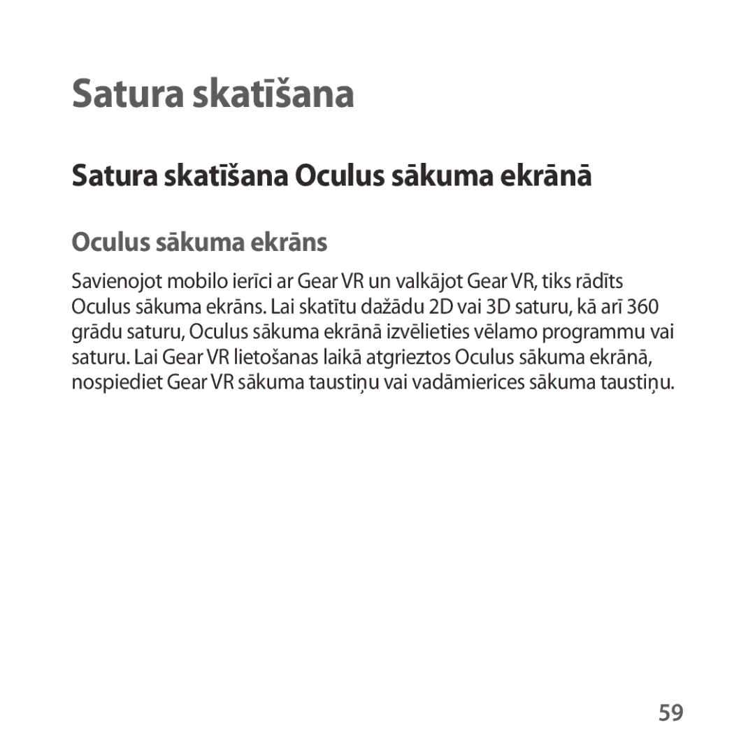 Samsung SM-R324NZAASEB manual Satura skatīšana Oculus sākuma ekrānā, Oculus sākuma ekrāns 