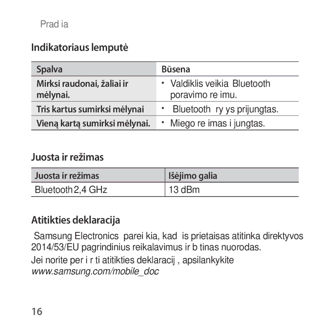 Samsung SM-R324NZAASEB manual Spalva Būsena Mirksi raudonai, žaliai ir, Mėlynai 