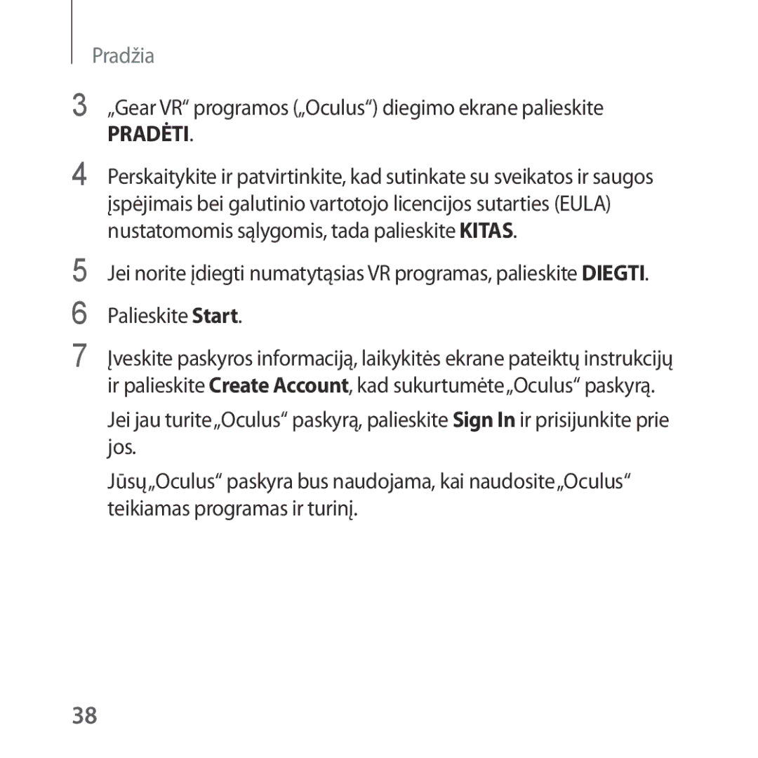 Samsung SM-R324NZAASEB manual „Gear VR programos „Oculus diegimo ekrane palieskite, Pradėti 