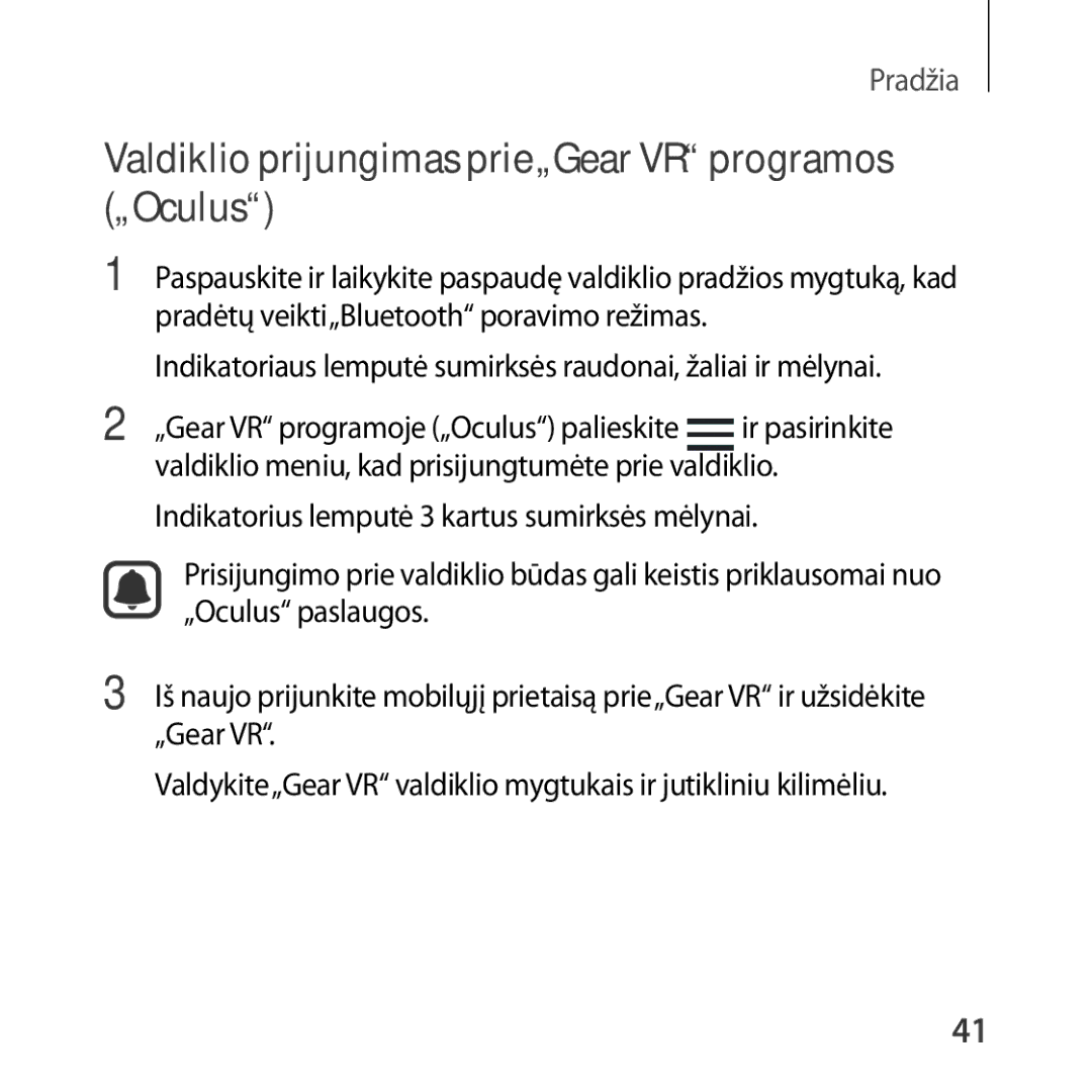 Samsung SM-R324NZAASEB manual Valdiklio prijungimas prie„Gear VR programos „Oculus 