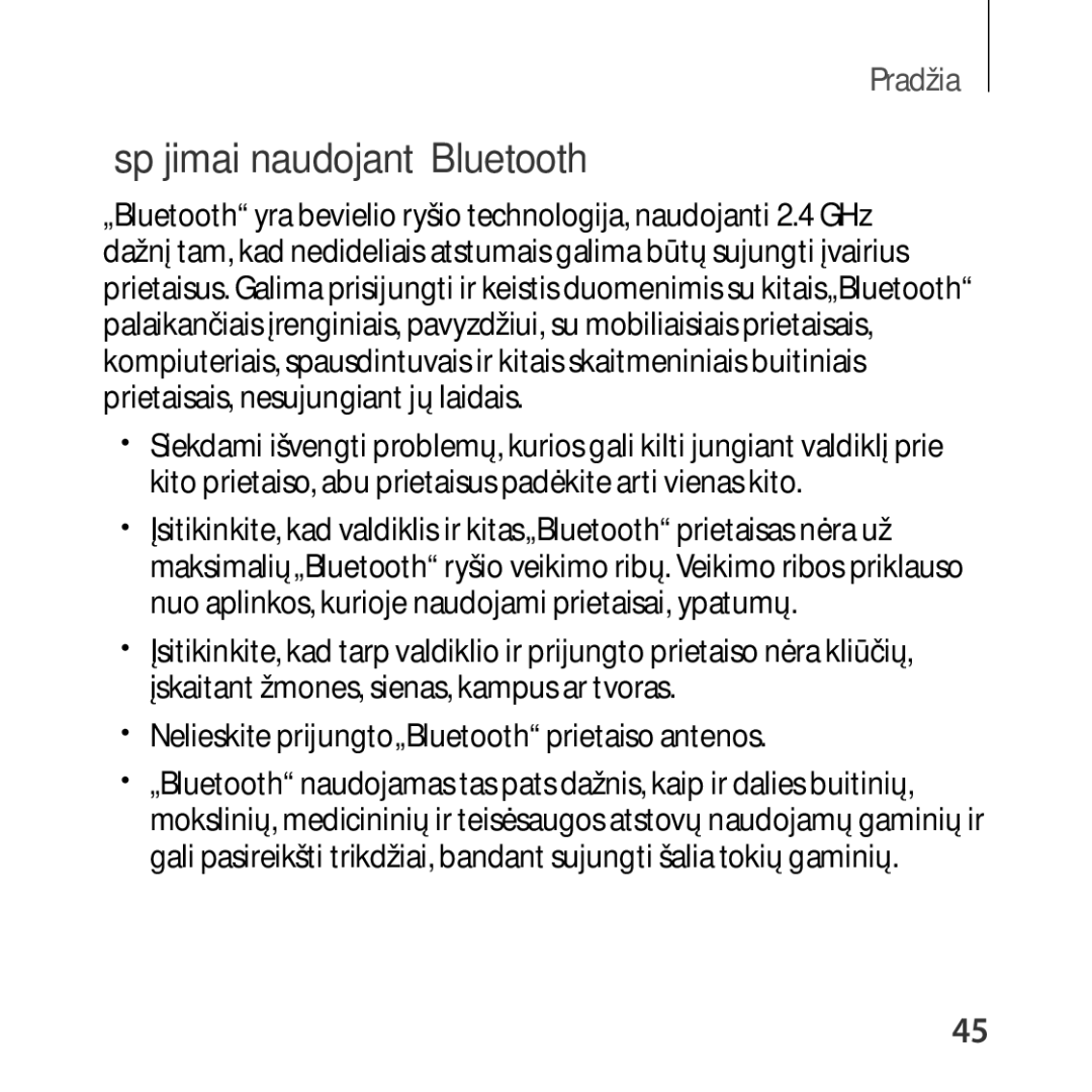 Samsung SM-R324NZAASEB manual Įspėjimai naudojant„Bluetooth 