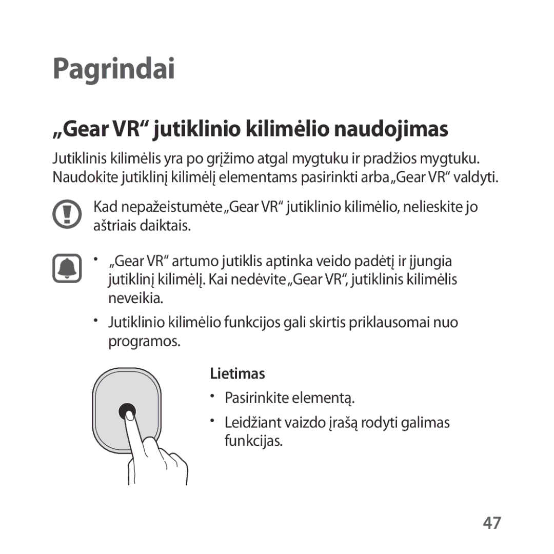 Samsung SM-R324NZAASEB manual „Gear VR jutiklinio kilimėlio naudojimas, Lietimas 