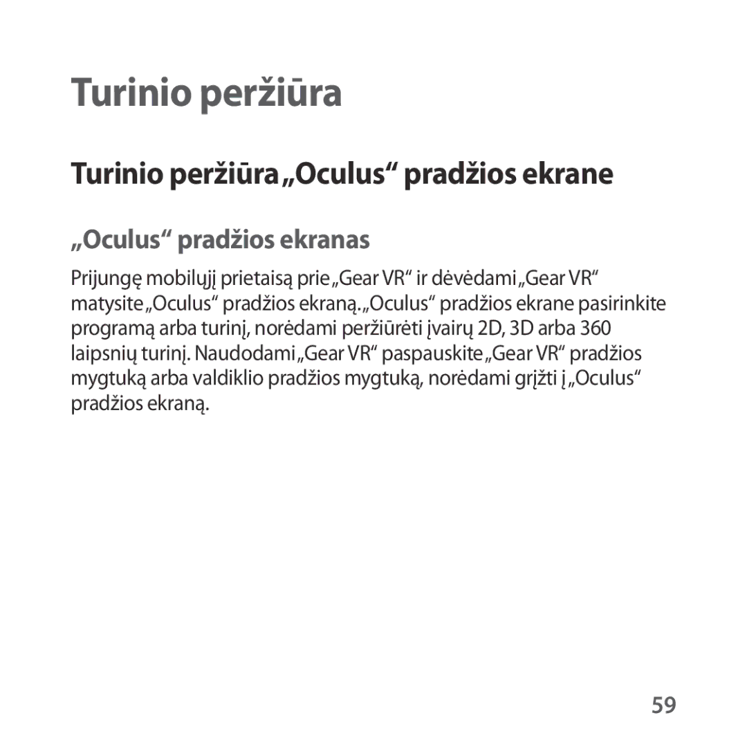 Samsung SM-R324NZAASEB manual Turinio peržiūra„Oculus pradžios ekrane, „Oculus pradžios ekranas 