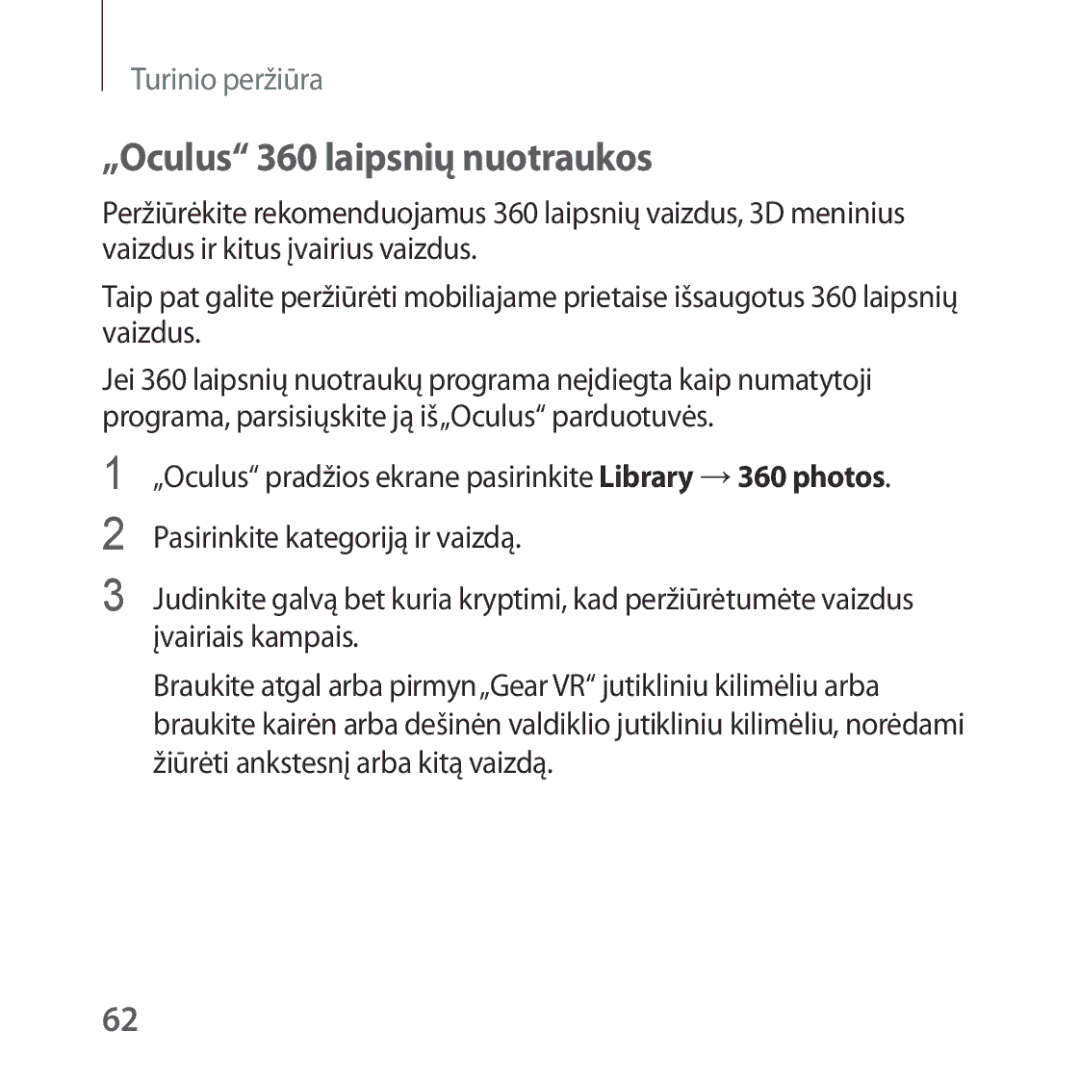 Samsung SM-R324NZAASEB manual „Oculus 360 laipsnių nuotraukos 